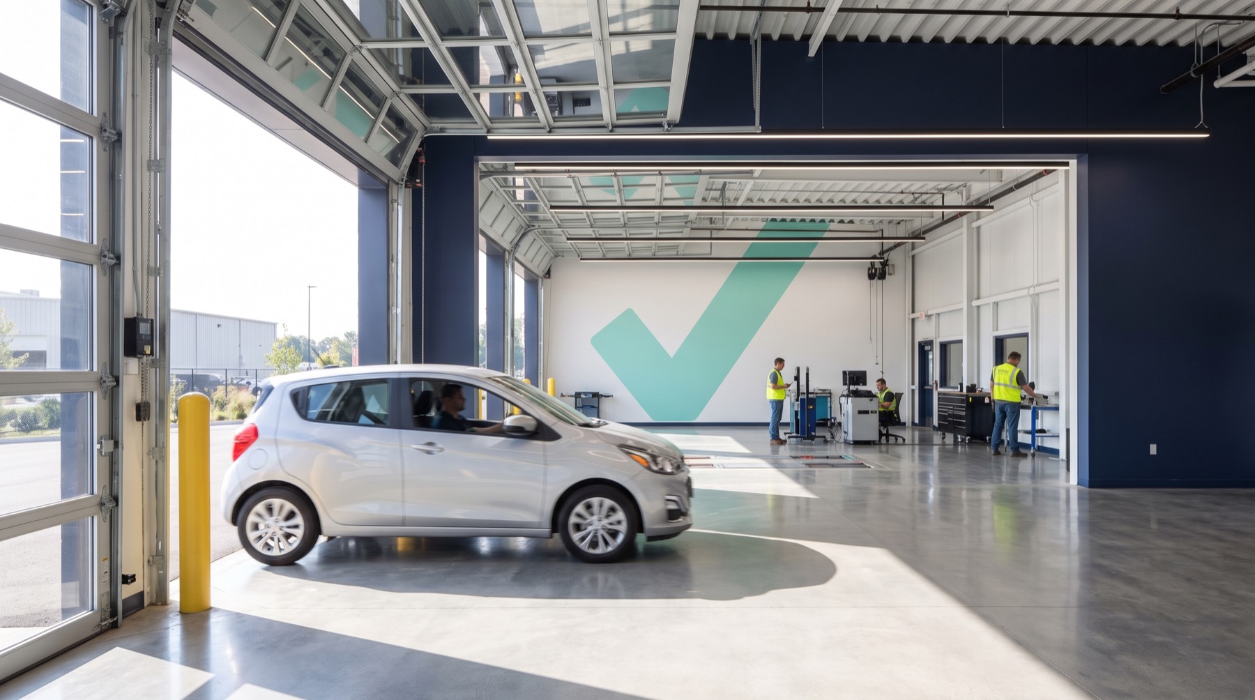 A car pulling into a bright, modern ClearPass testing bay through an open glass door