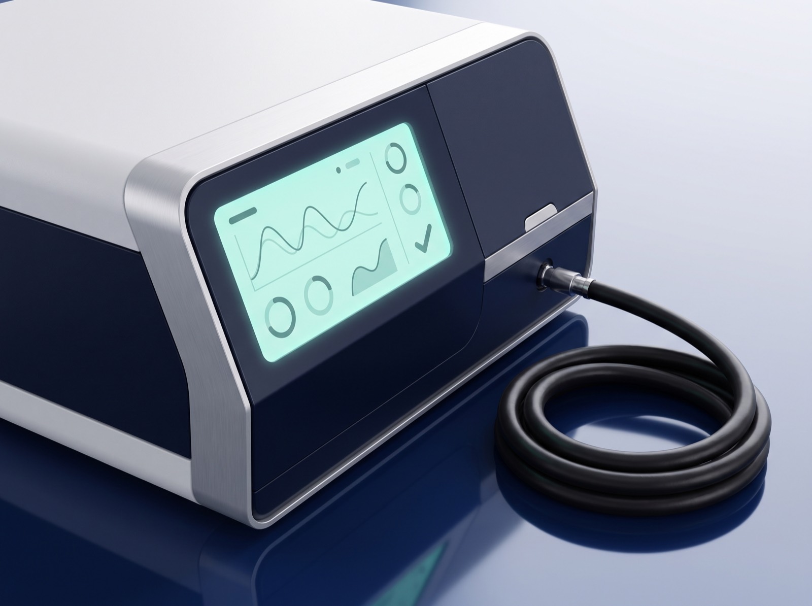 Close-up of a modern emissions-testing analyzer console with a glowing mint-green diagnostic display
