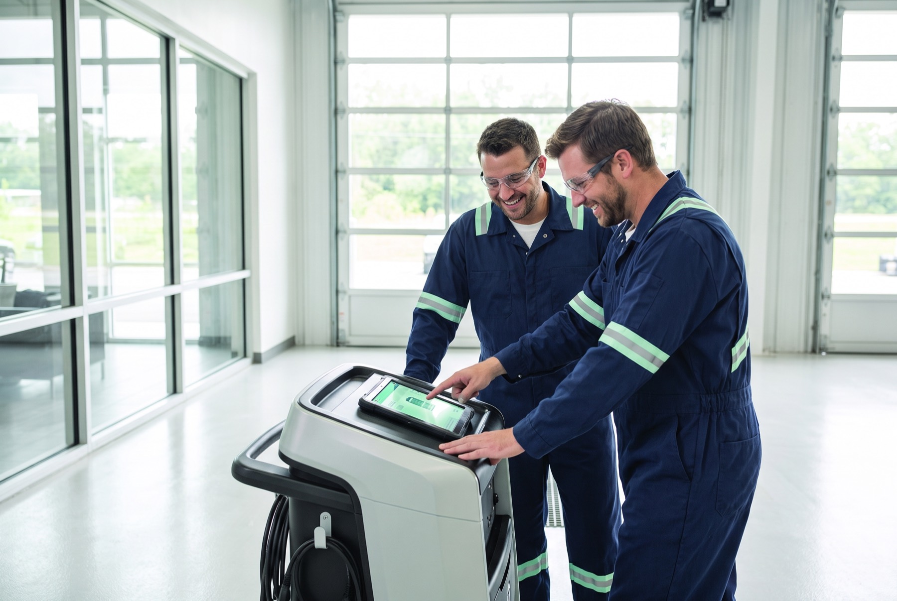 Two ClearPass technicians reviewing a diagnostic cart together, smiling
