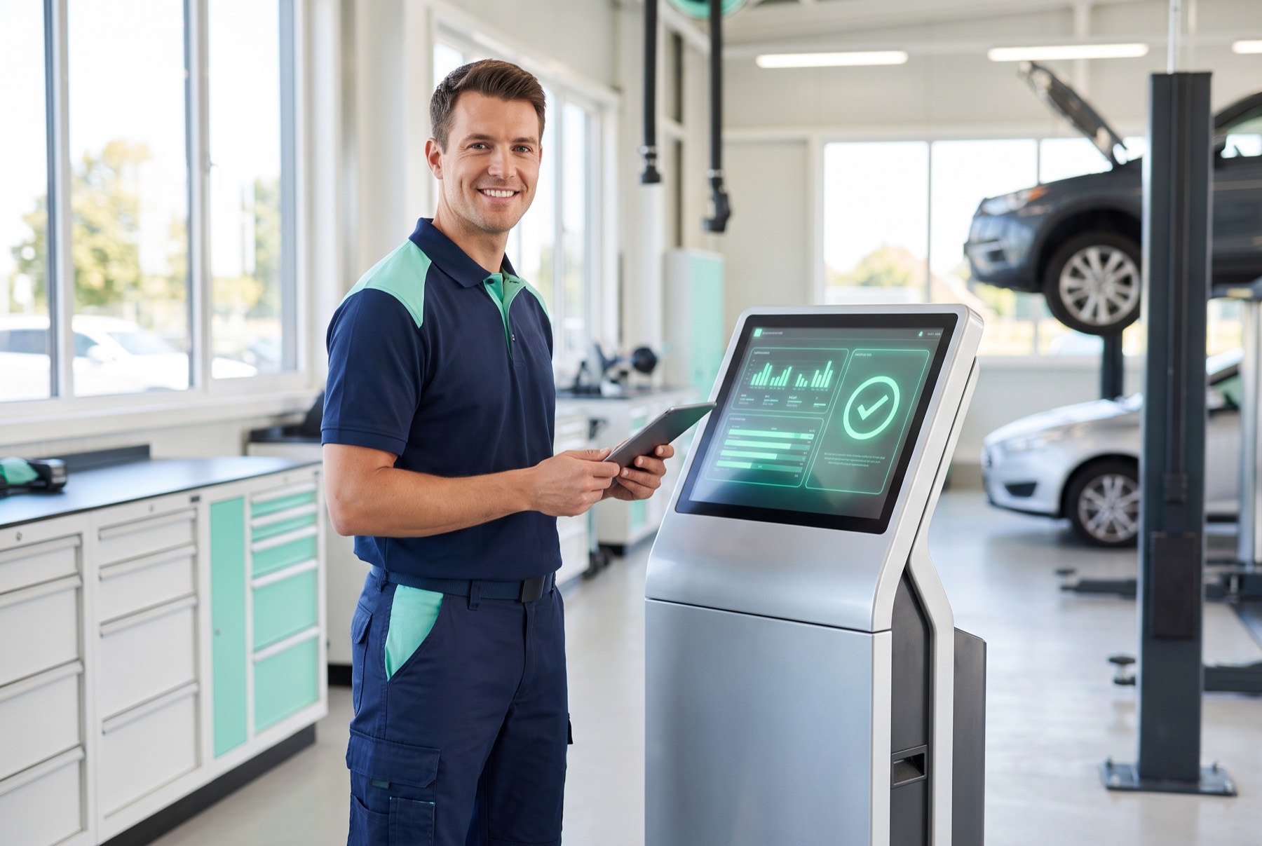 A ClearPass technician reviewing a passing emissions result on a diagnostic screen